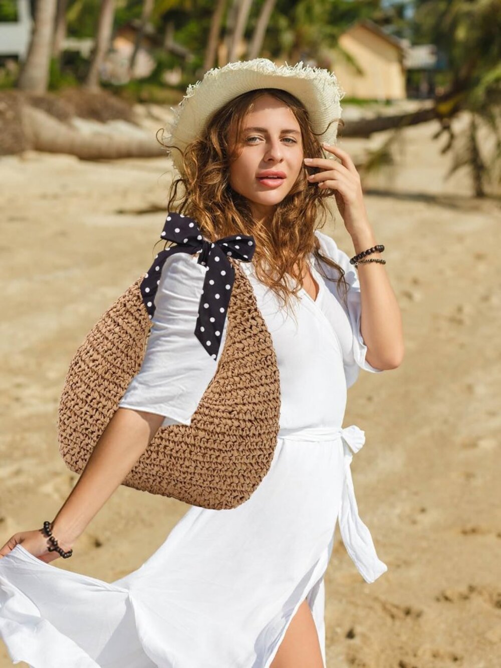 Straw Bag for Women, Summer Beach Tote Purse with Zipper, Raffia Woven Bag, Tote - Picture 3 of 7